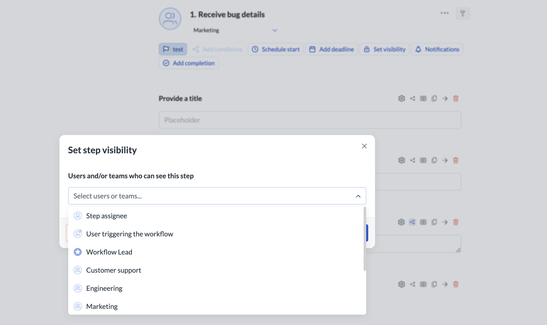 Image of the step visibility selector with a list of users who can see the step