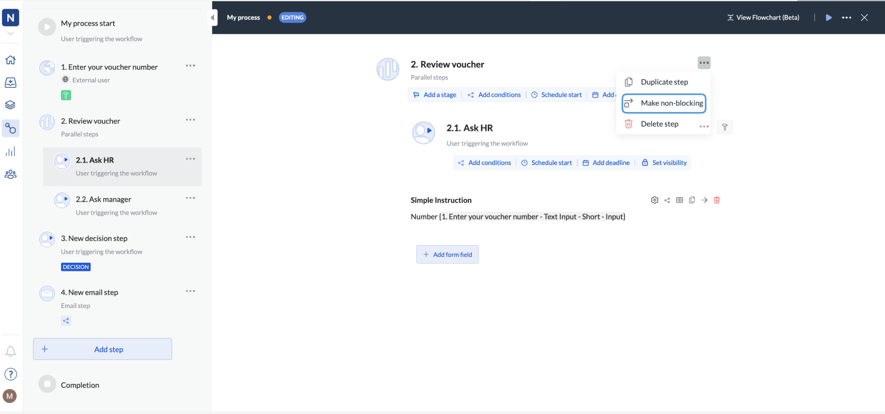 Image of the action meatballs with the Make non-blocking action on the step setup page