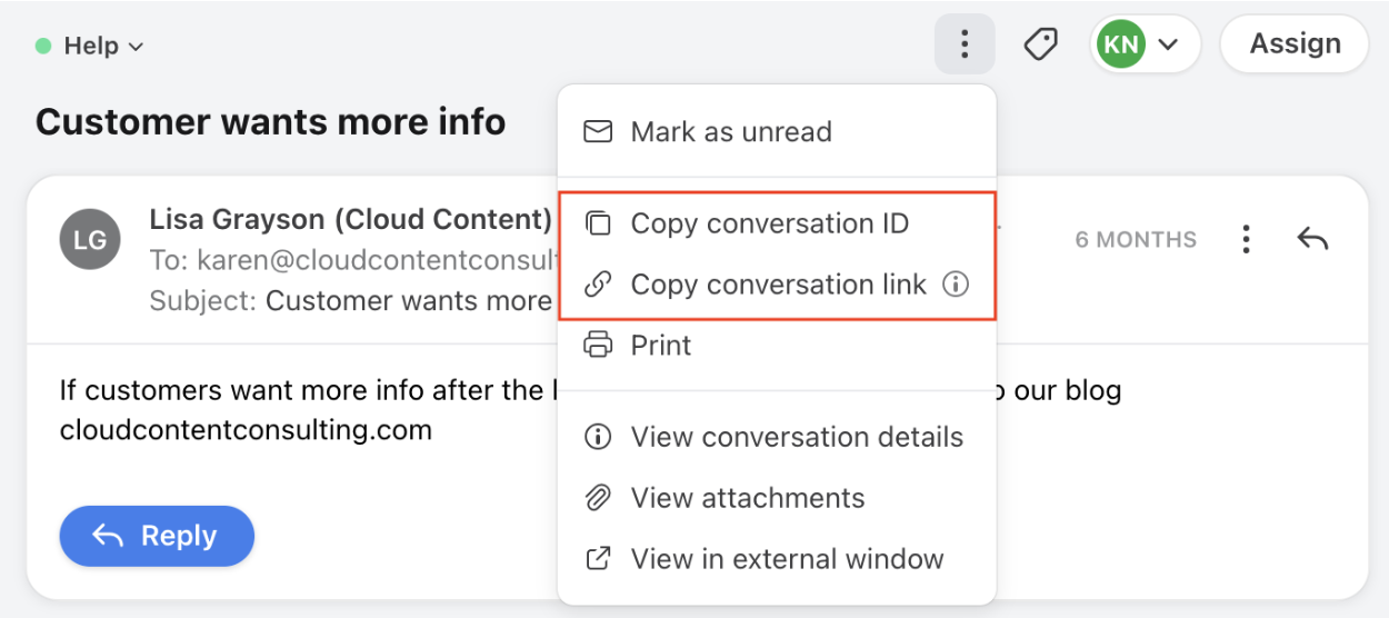 Image from Front showing where to find Conversation ID