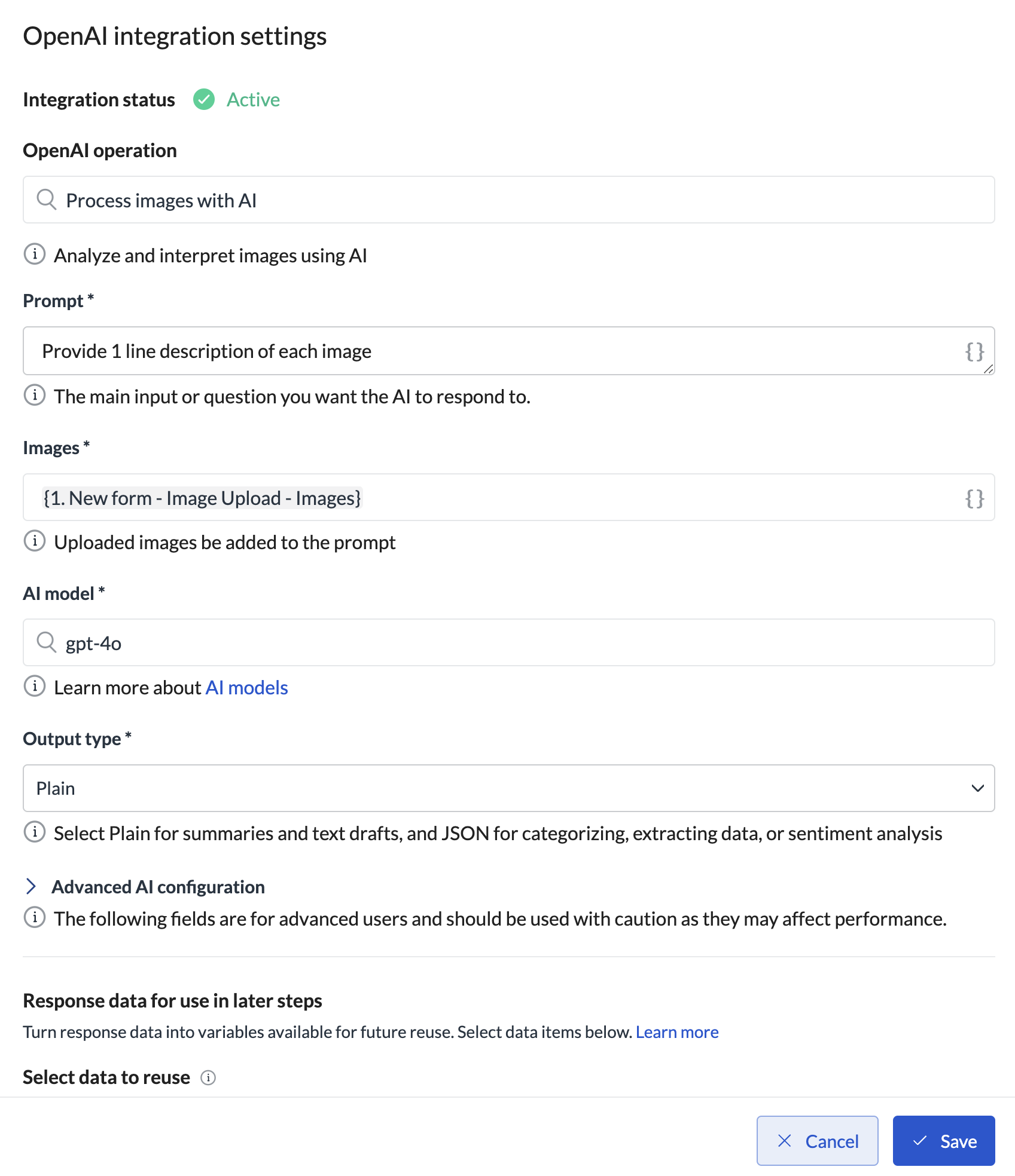 Screenshot of the OpenAI operation settings