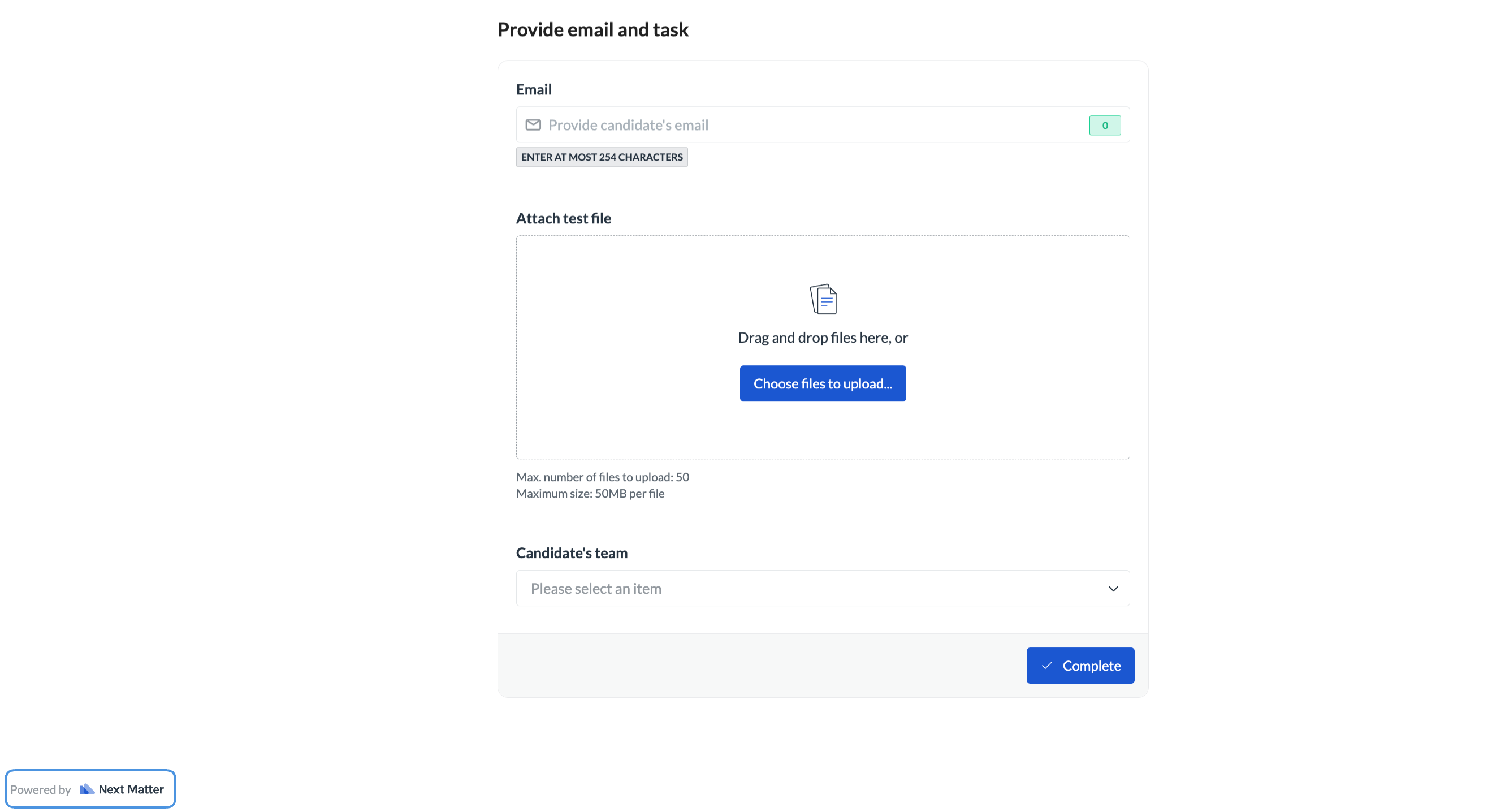 Image of a public form with Powered by Next Matter highlighted as the element that can be updated