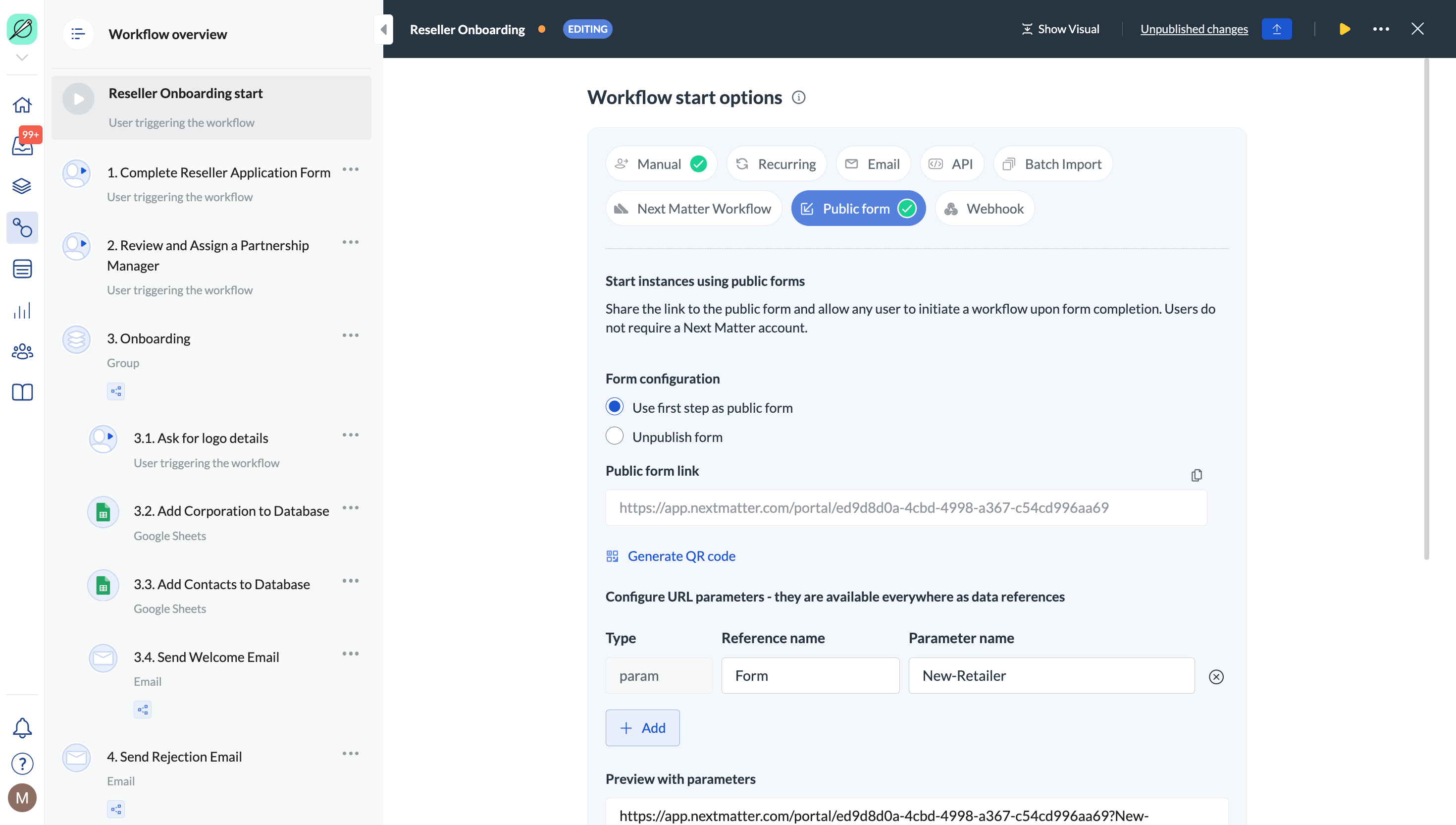 Image of the start workflow options section in the workflow overview with the public form option highlighted