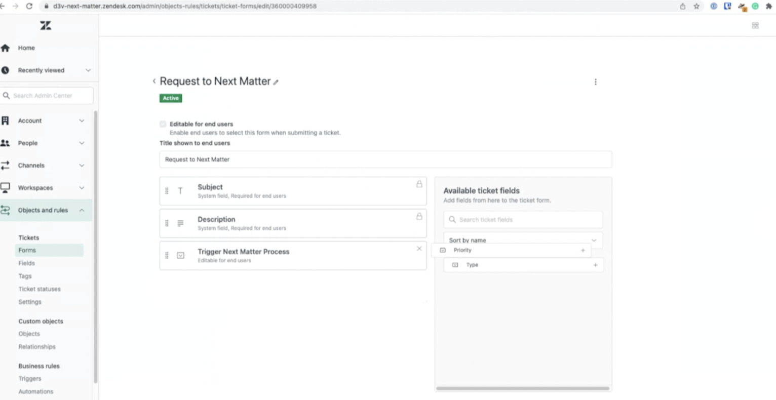 Image of the forms page under Objects and rules in Zendesk