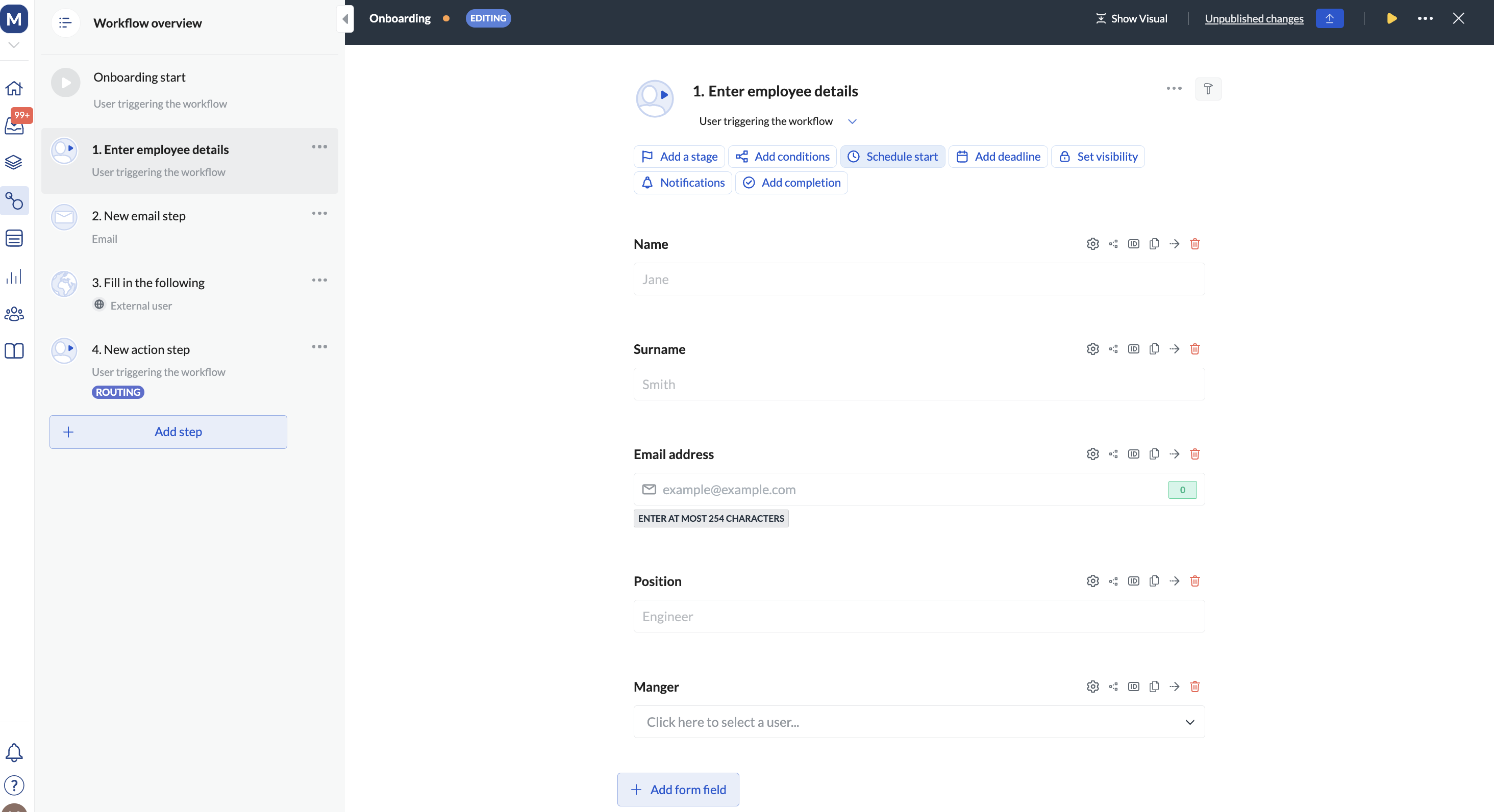 Image of the button to schedule start on the step setup page