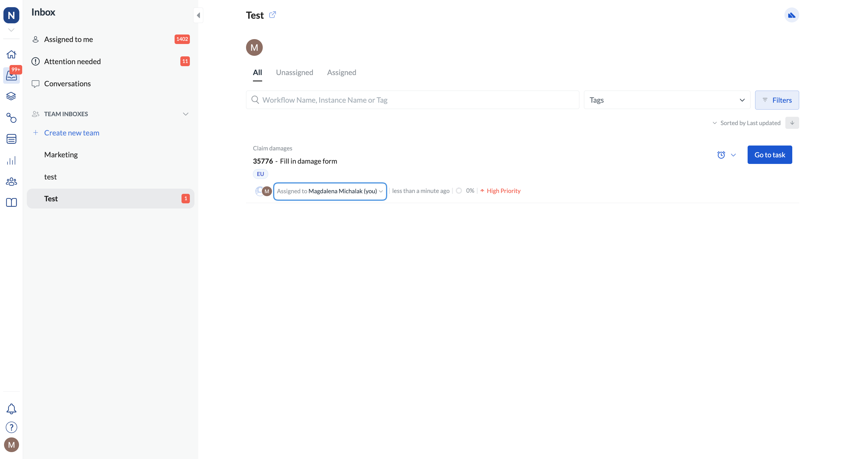 Reassignation option for a task in the team inbox