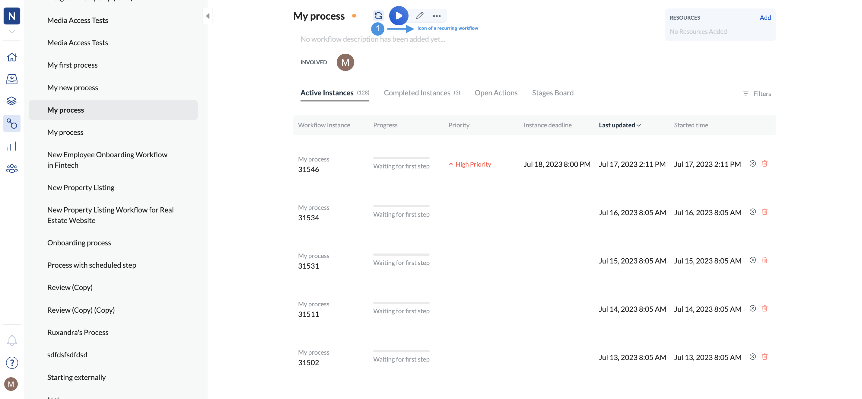 Image of the workflow overview page with the recurring icon highlighted under the workflow name