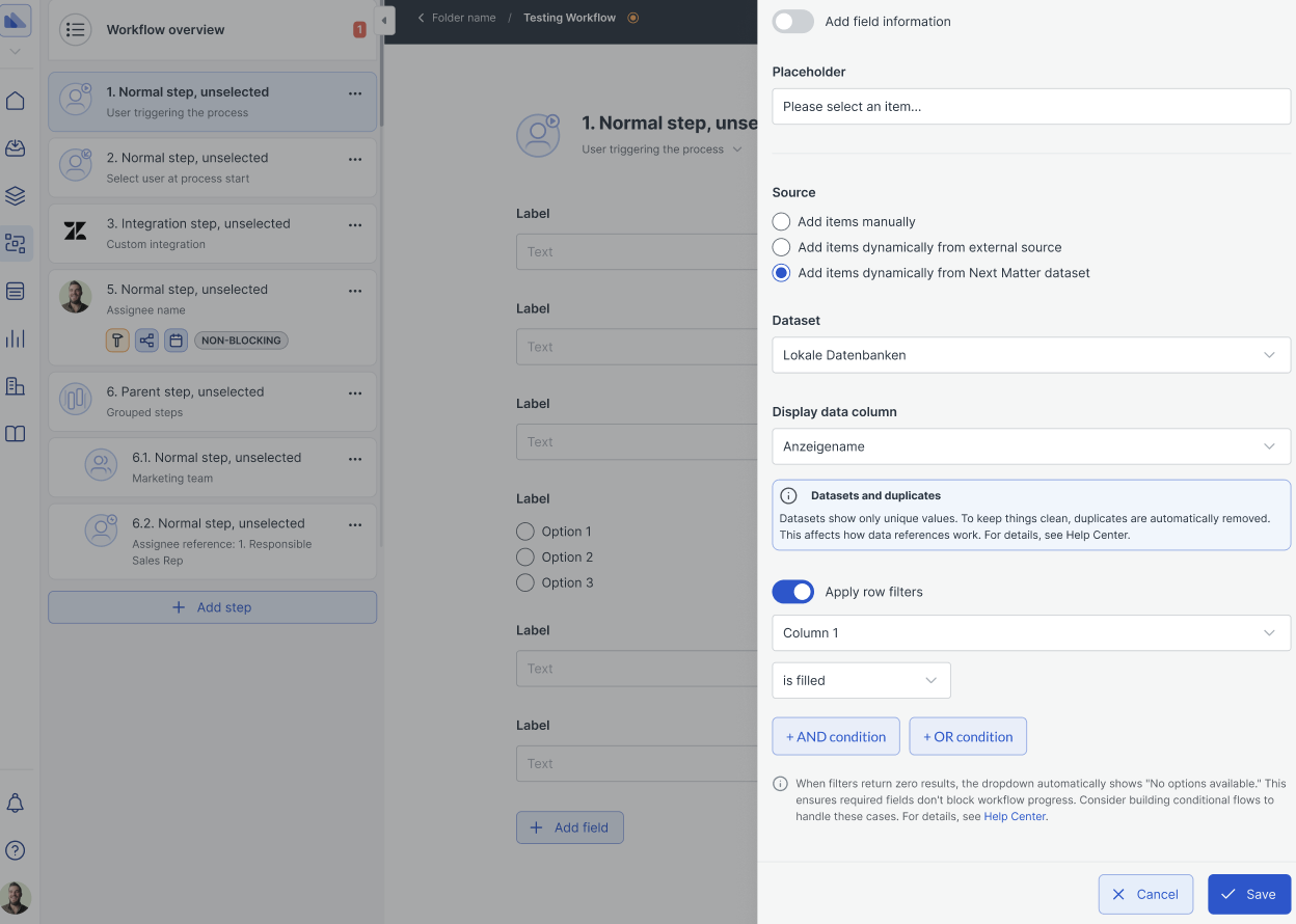 View of Dataset Filters for Workflow Builder