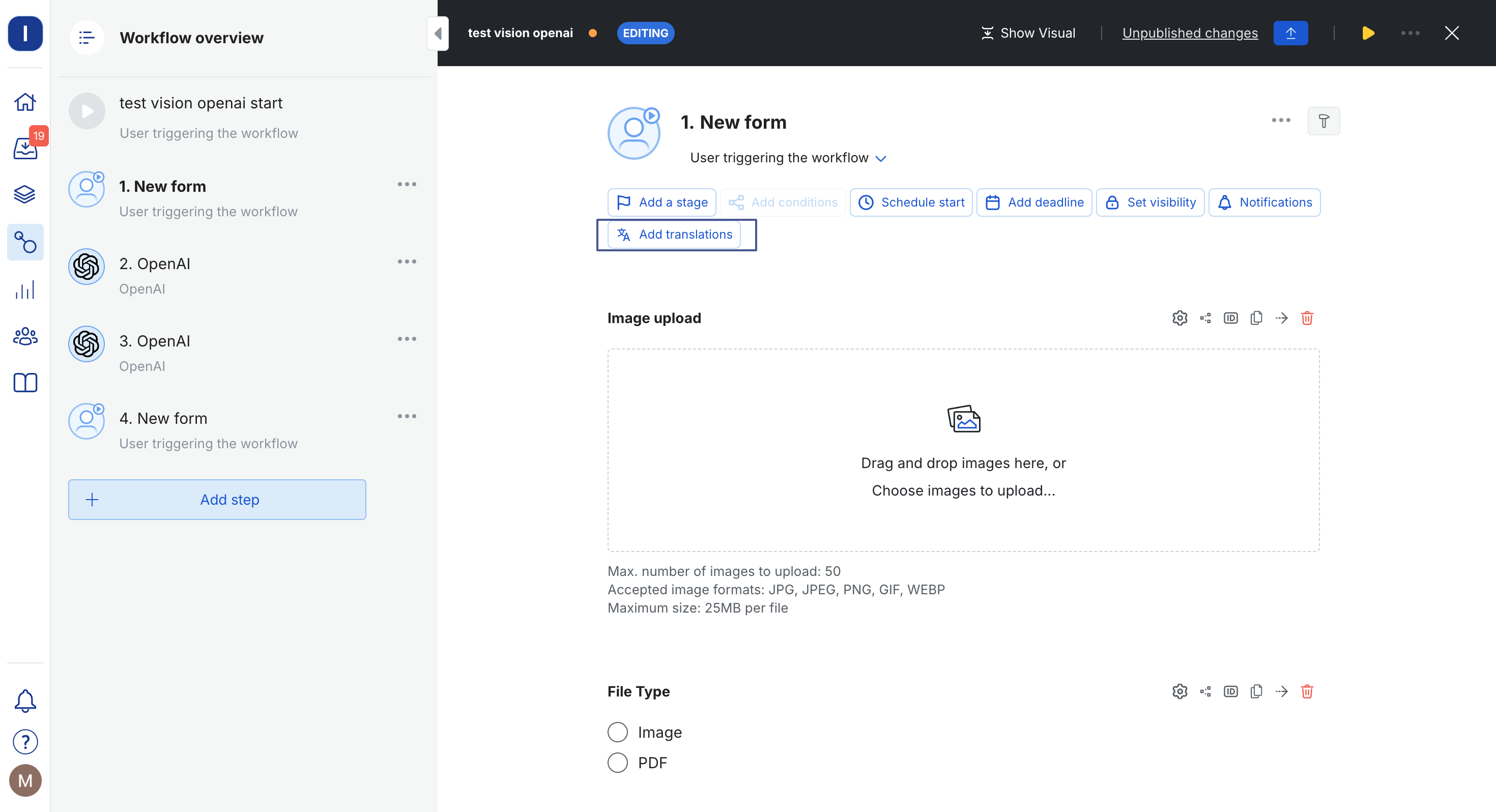 A screenshot of a form with Add translations highlighted