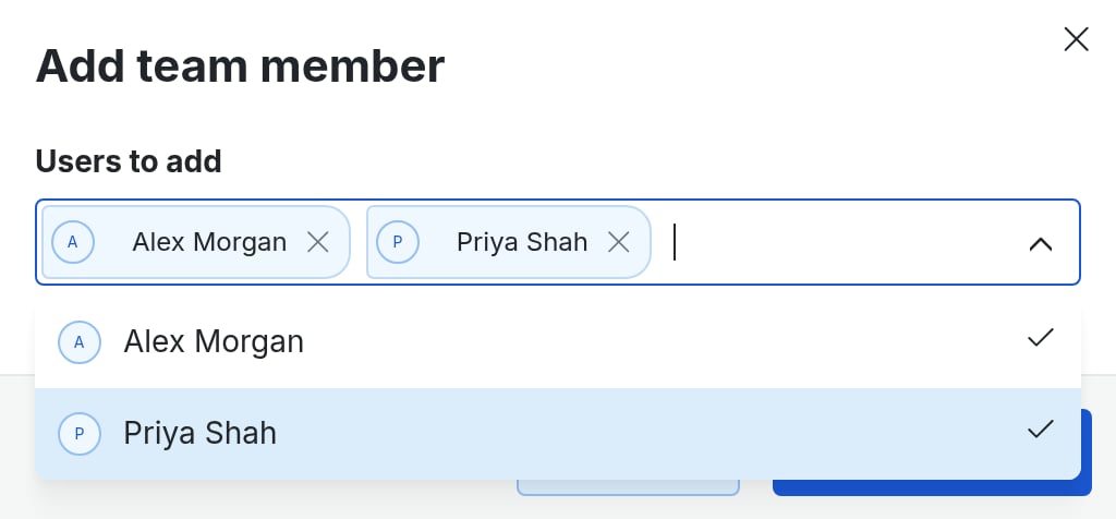 Image of the Add team member dialog with multiple users selected