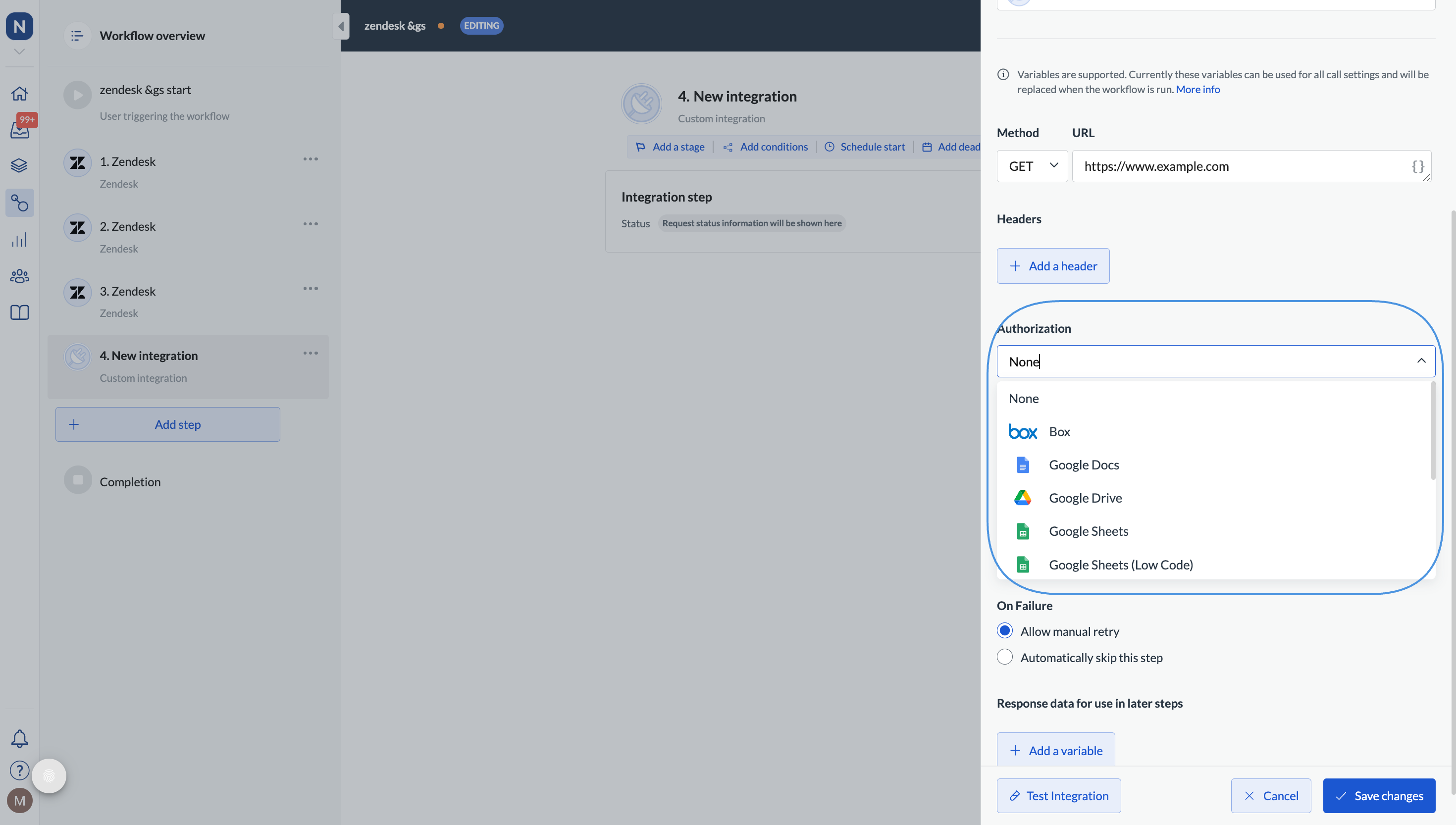 Image showing the Authorization field in the Integrations configuration drawer