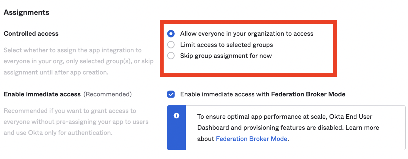 Image of the Okta Admin Dashboard - Assignments screen with settings