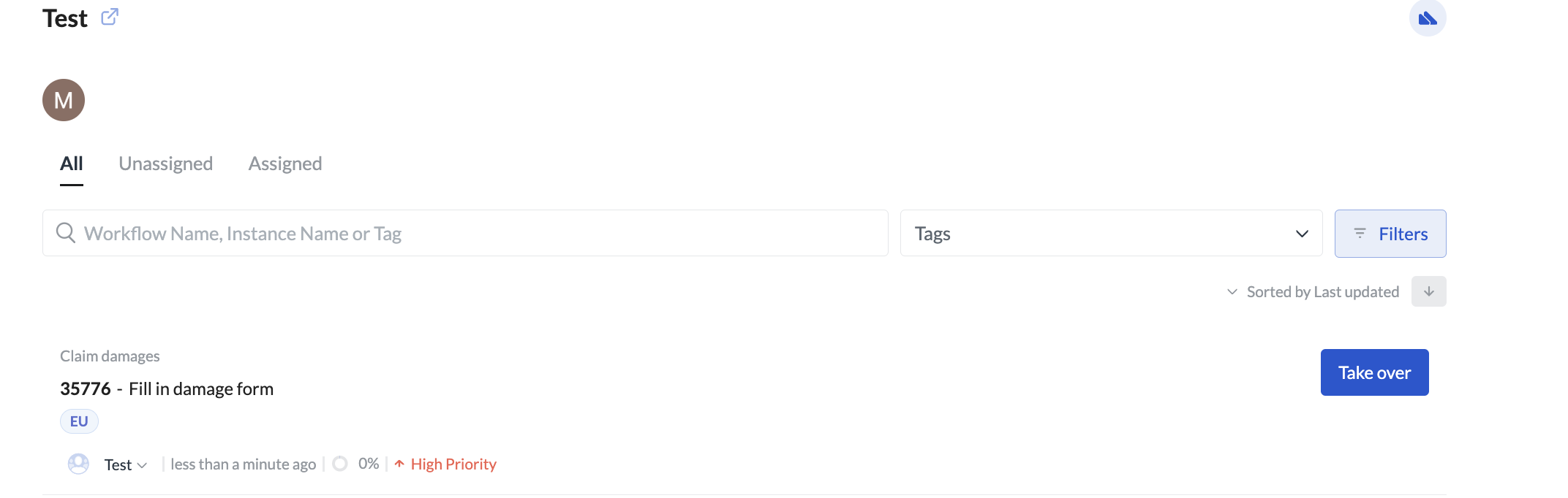 Image of the Take over button next to a workflow task in the Team Inbox