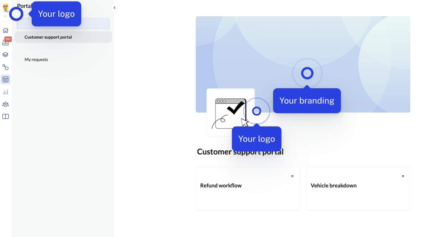 Image of Portals in Next Matter with a logo, dashboard, and dashboard logo highlighted as the elements that can be updated
