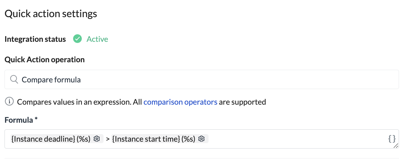 Image of the compare formula quick action setup