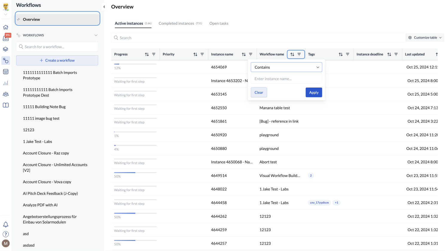 Image of filters in the workfow overview
