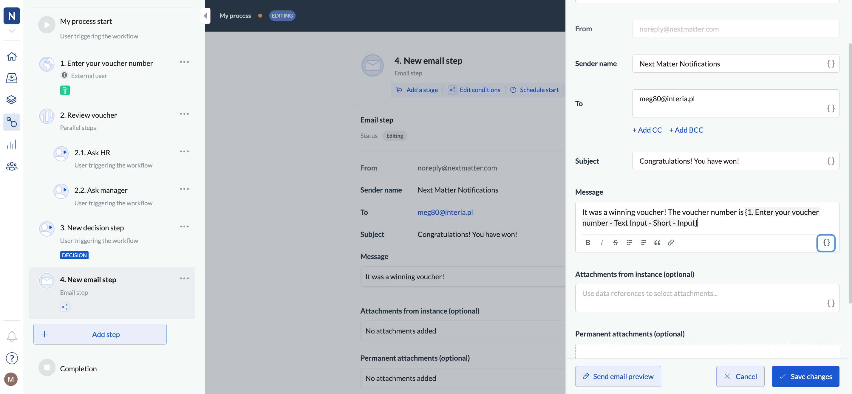 Image of the email form field with the braces to select data references highlighted