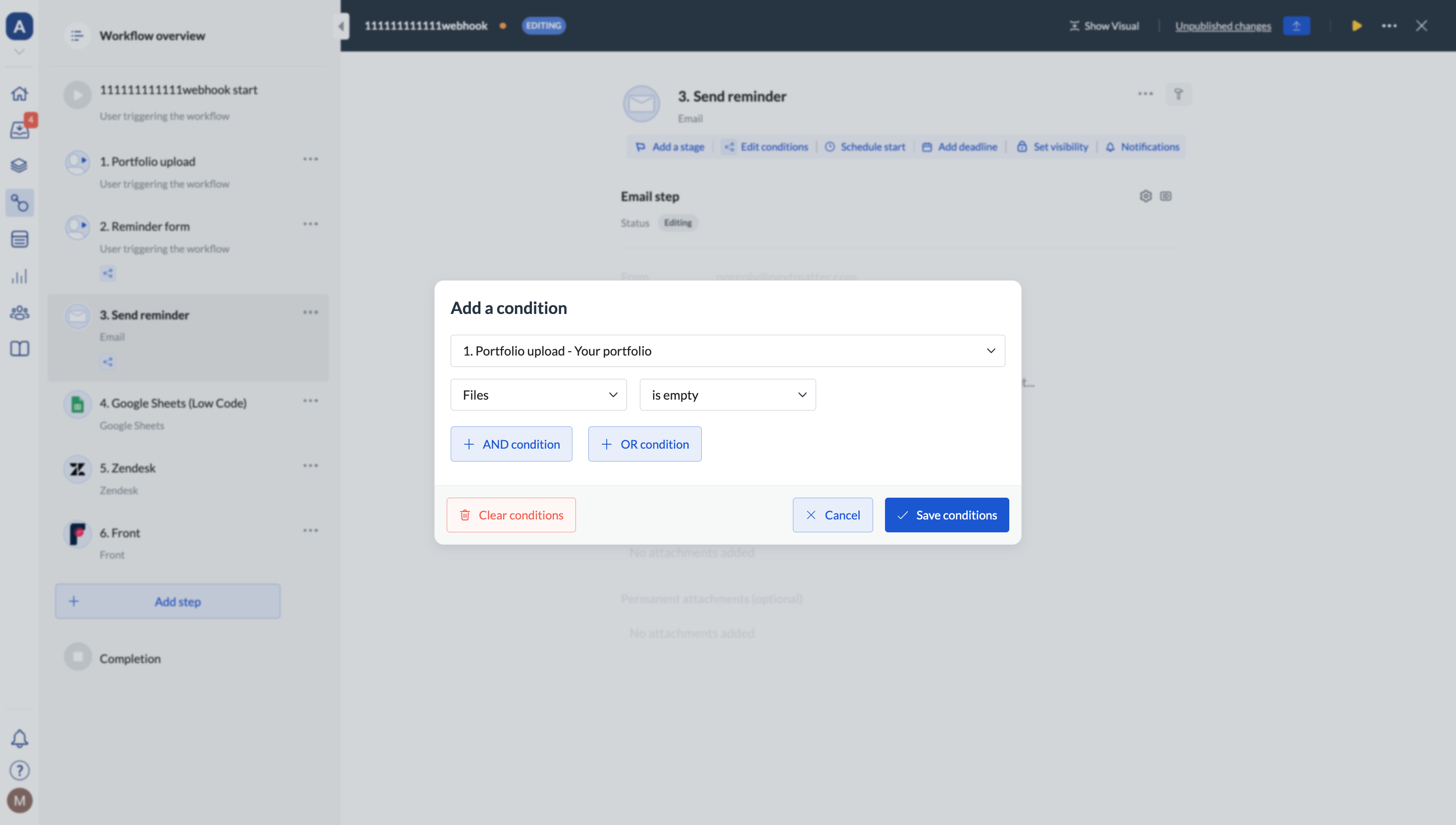 Image of stepm selection on the conditions pop-up
