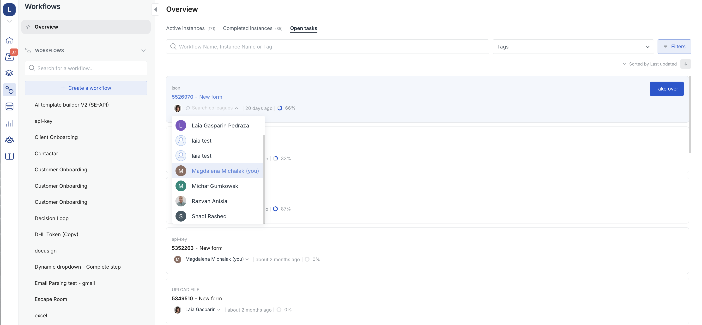 Image of the asignee dropdown for a task on the Open Tasks page