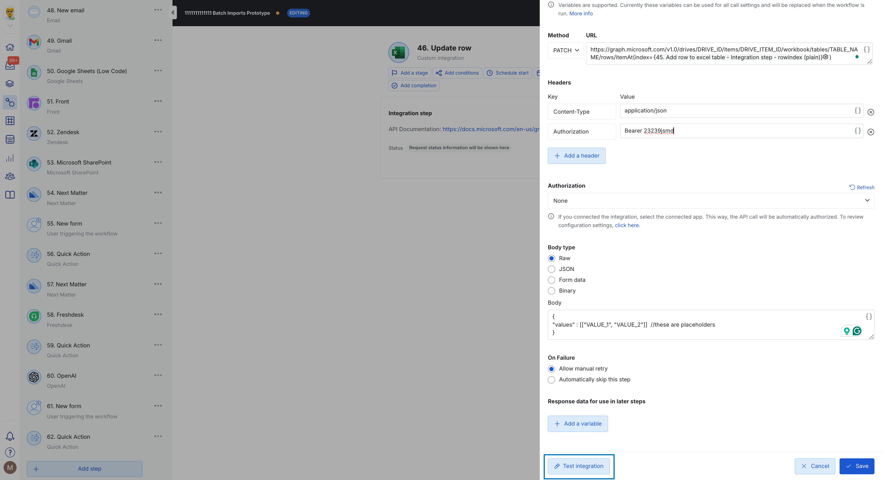 Test Integration button on the integration configuration page