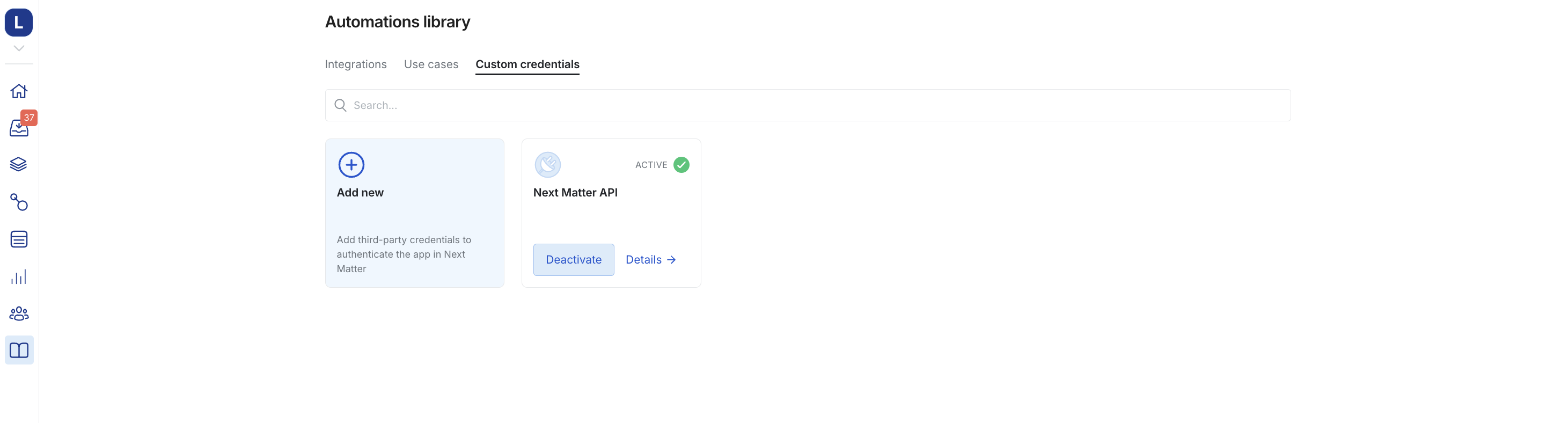 Custom credentials tab in automations library