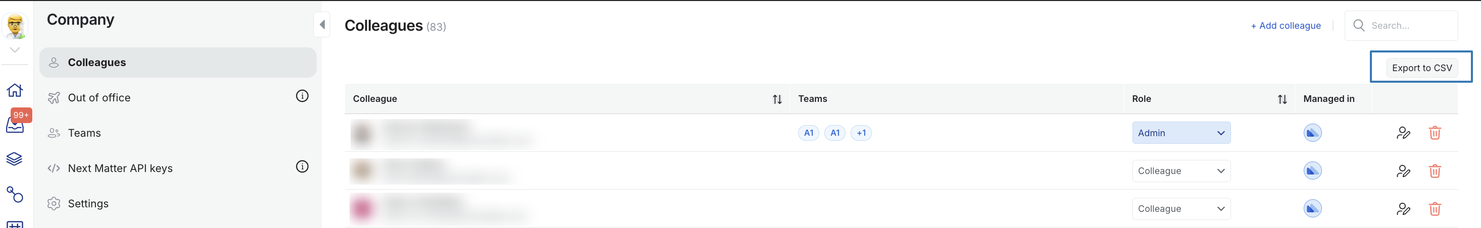 Export Users to CSV option on the Colleagues page