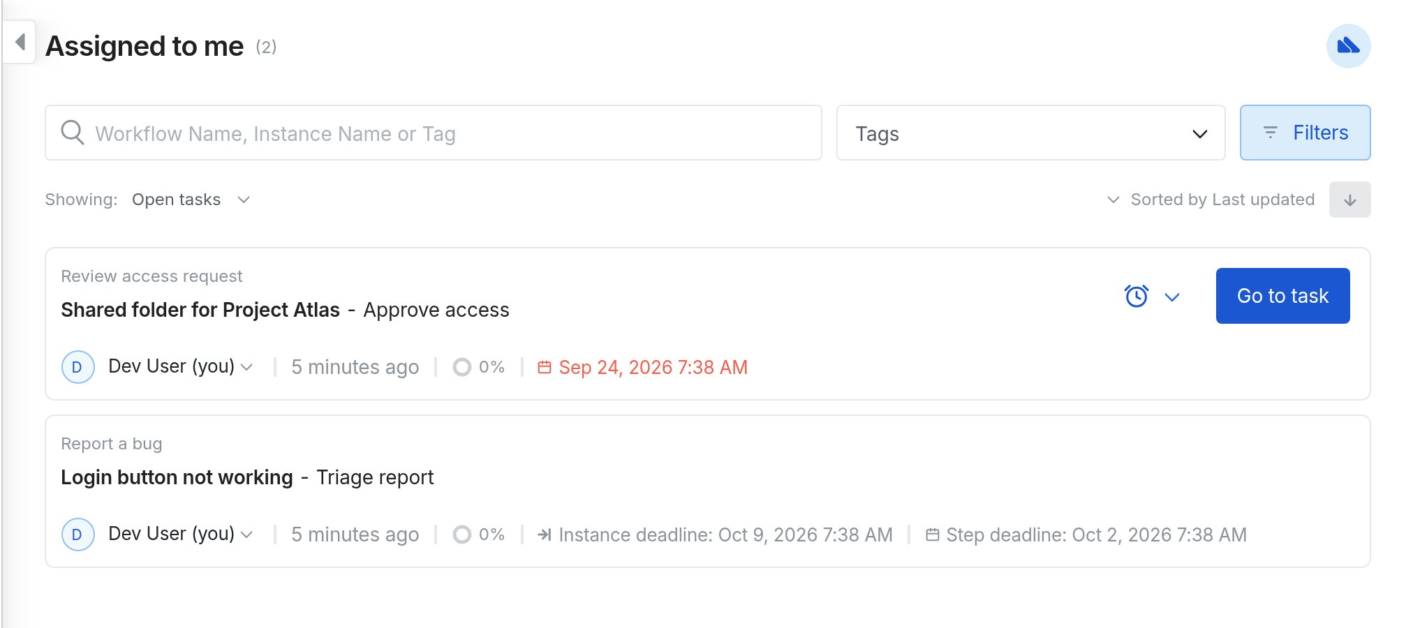 Image of the Assigned to me inbox with an overdue step deadline in red and a task that shows Instance deadline and Step deadline labels side by side