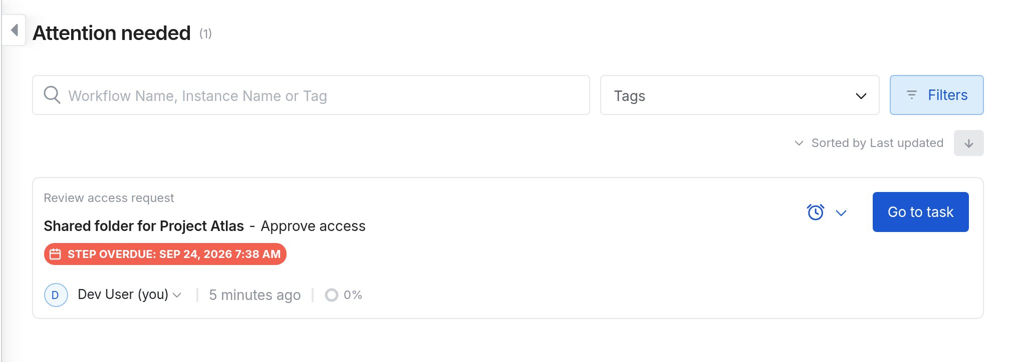 Image of the Attention needed inbox with a red step overdue pill on a task row