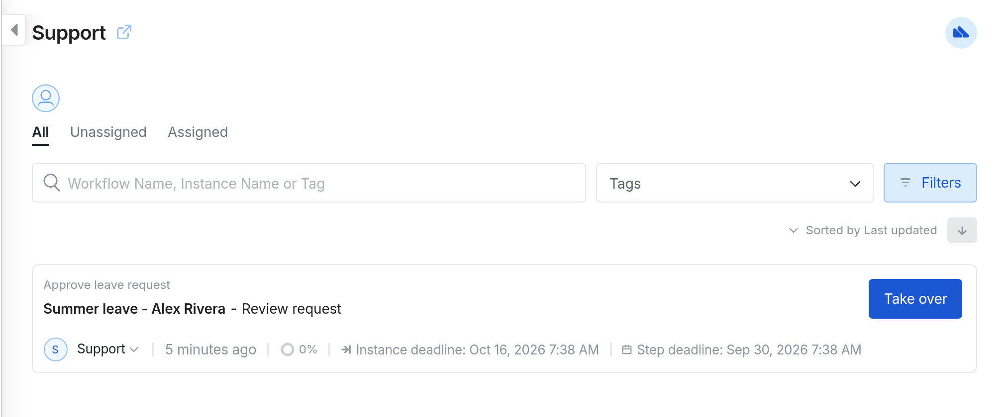 Image of the Support team inbox with Instance deadline and Step deadline labels side by side on a task row