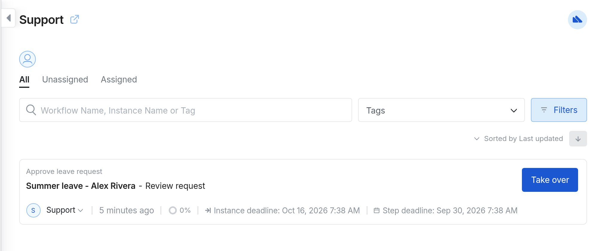 Image of the Support team inbox with Instance deadline and Step deadline labels side by side on a task row