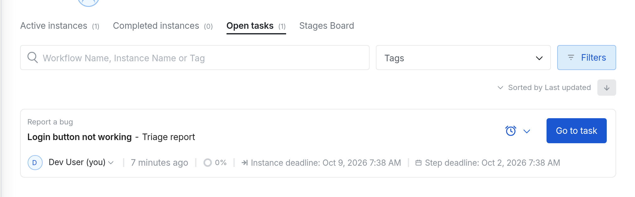 Image of the Open tasks list for a workflow with Instance deadline and Step deadline labels side by side