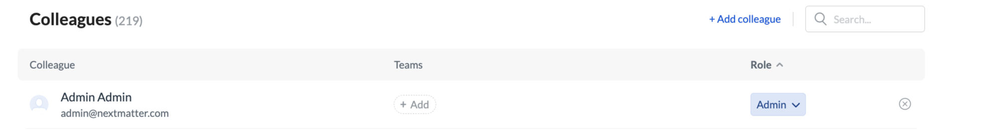Image of the Colleagues screen with the option to add colleagues