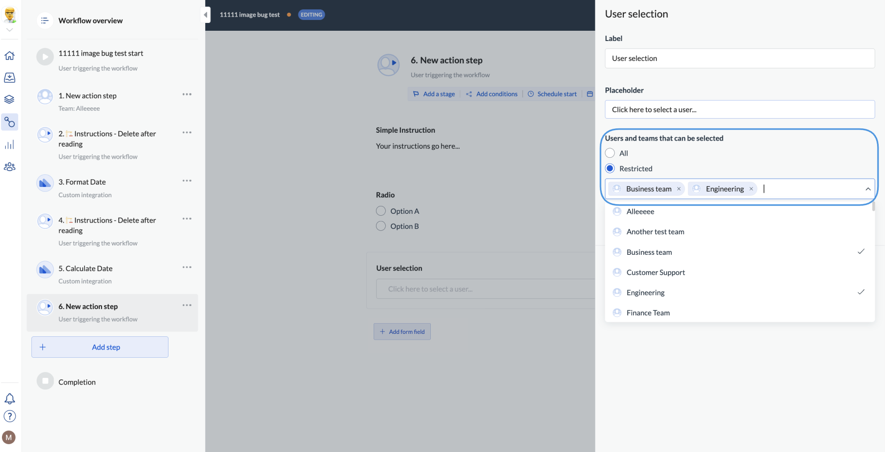 Image showing user selection configuration with the restricted option selected
