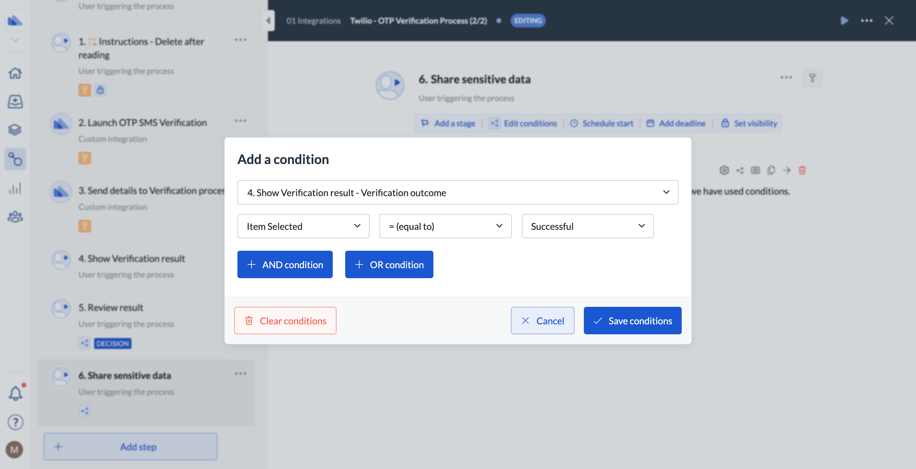 Image of the condition for the step to run when user verification has been successful