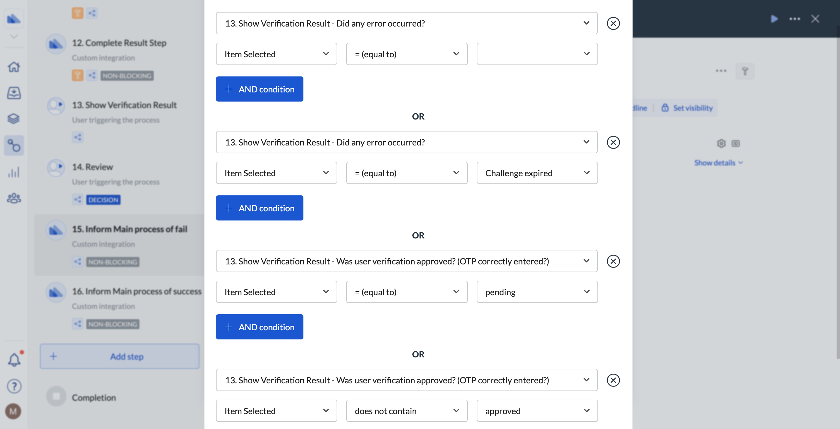 Image of the conditions pop-up showing conditions to run the step when verification was not successful