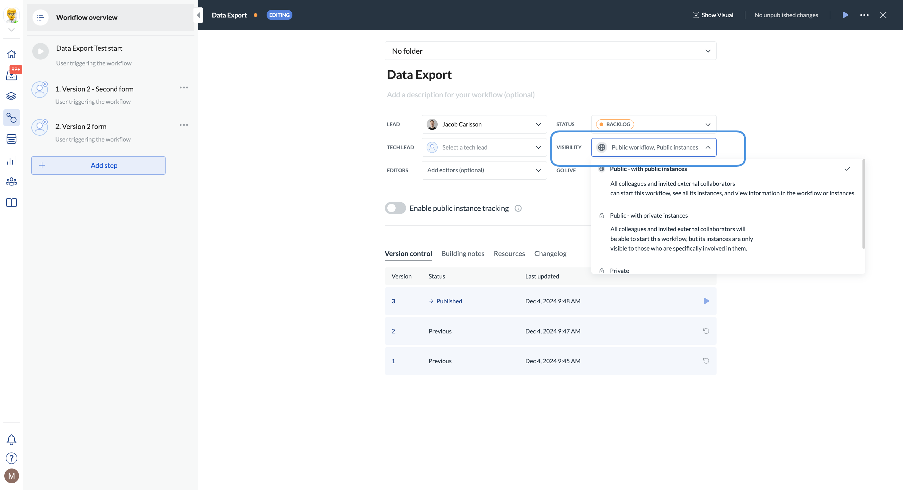 Image showing visibility settigns in Workflow overview
