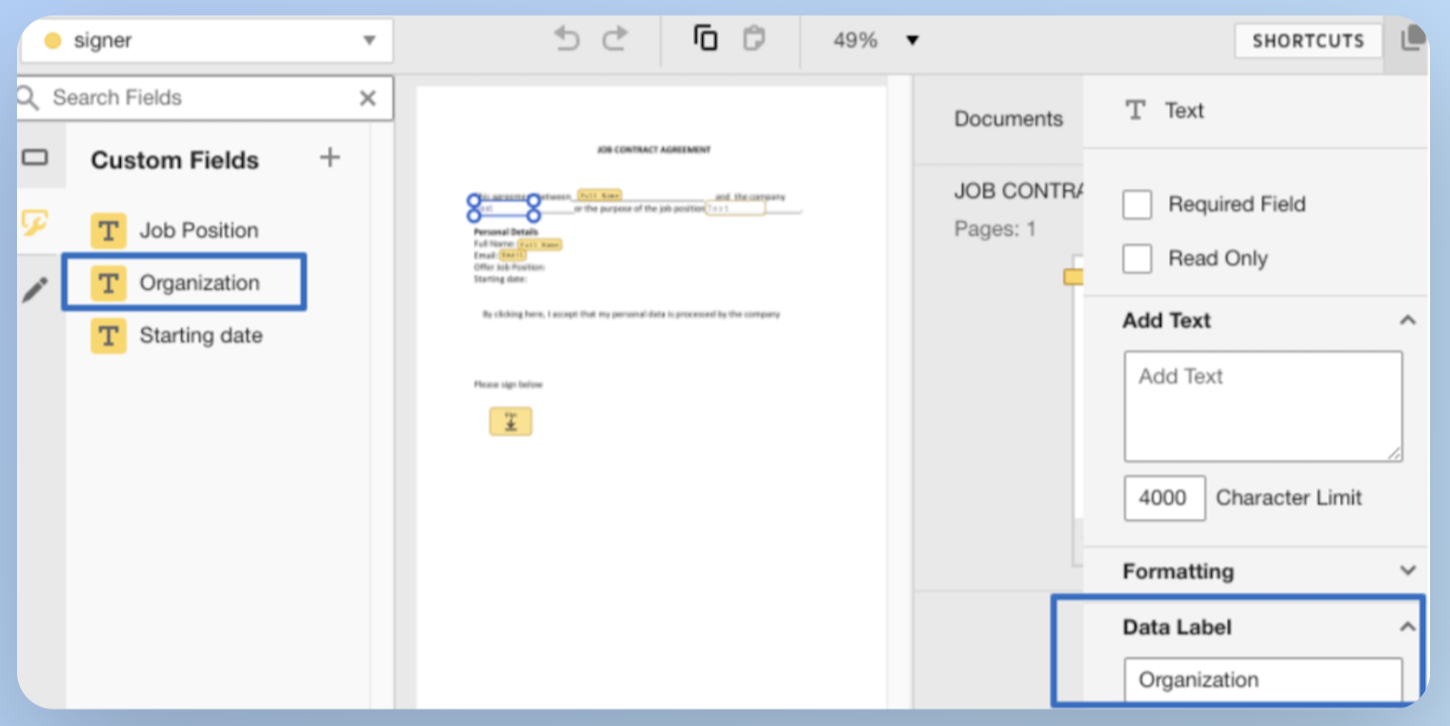 A screenshot from the Docusign. The Organization Custom field is highlighted on the left, and the data label field is highlighted on the right.