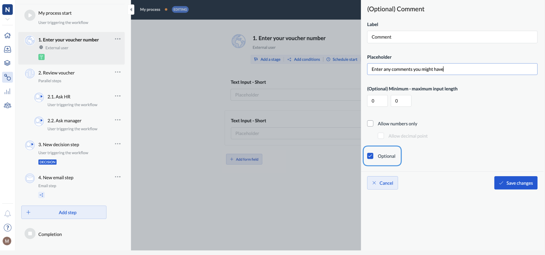 Image of the Optional checkbox on the step configuration page