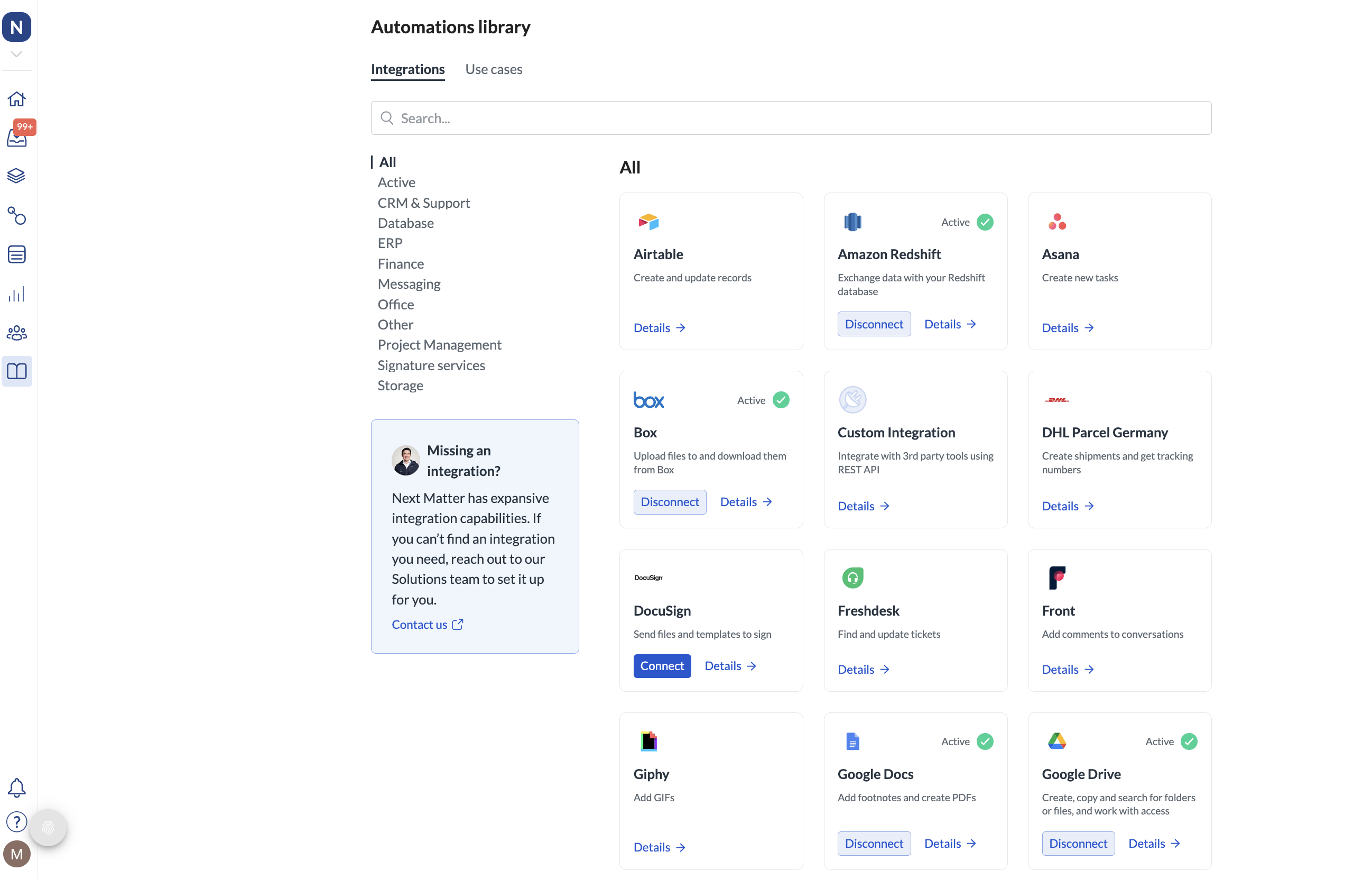 Image showing the integrations tab in the Automations library