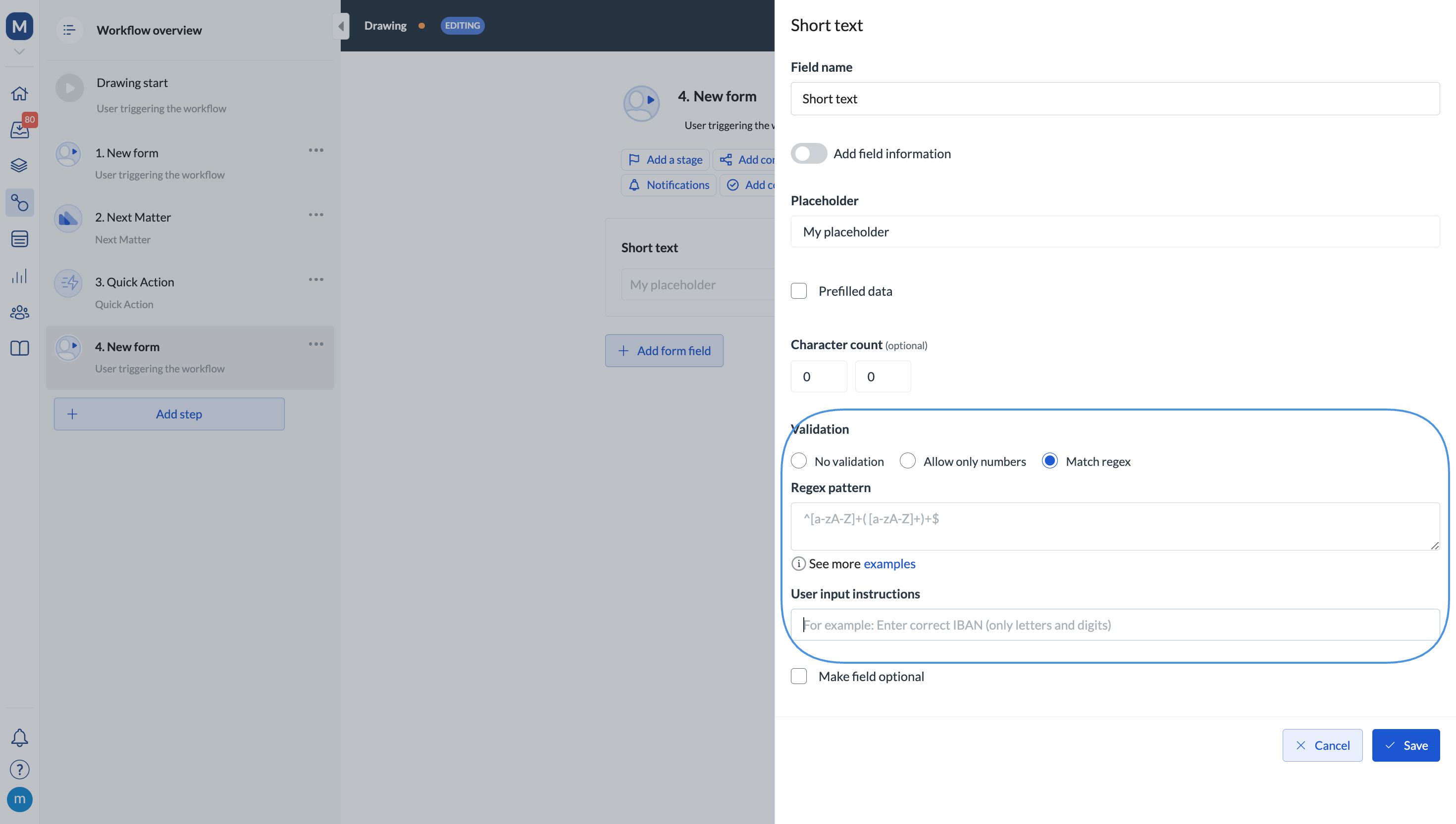 Image showing validation field on the step setup page