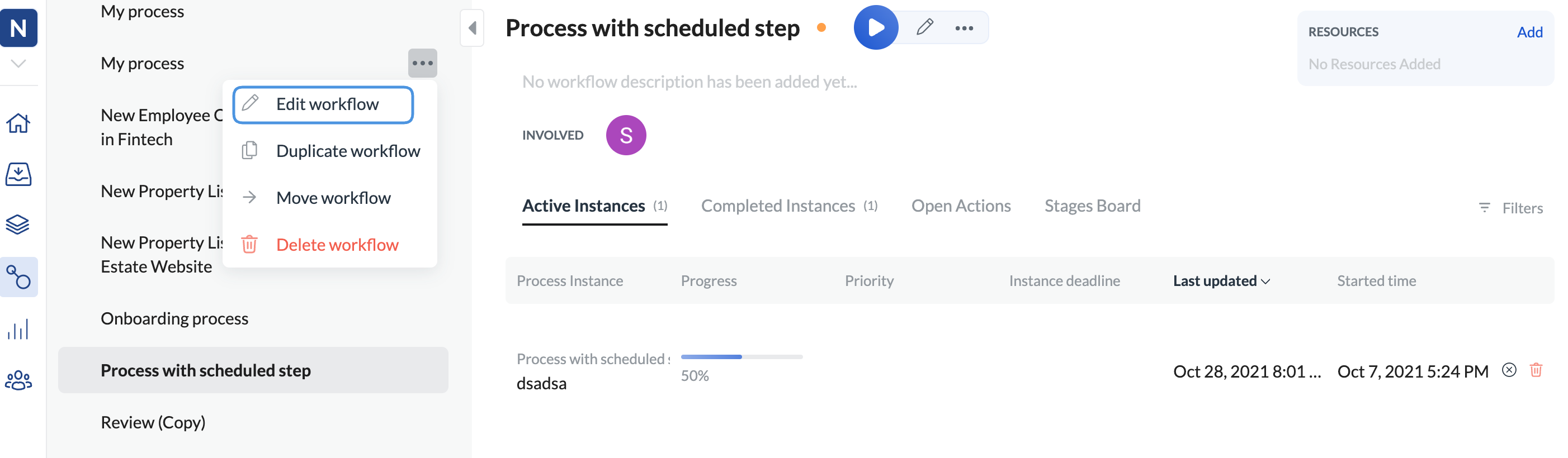 Image of the action meatballs with Edit workflow highlighted next to a workflow in the list