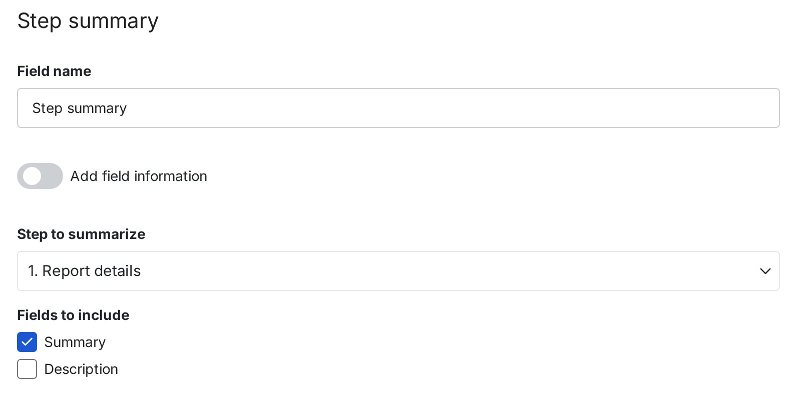 Image of the Step summary field settings, with an earlier step selected and one of its fields unchecked