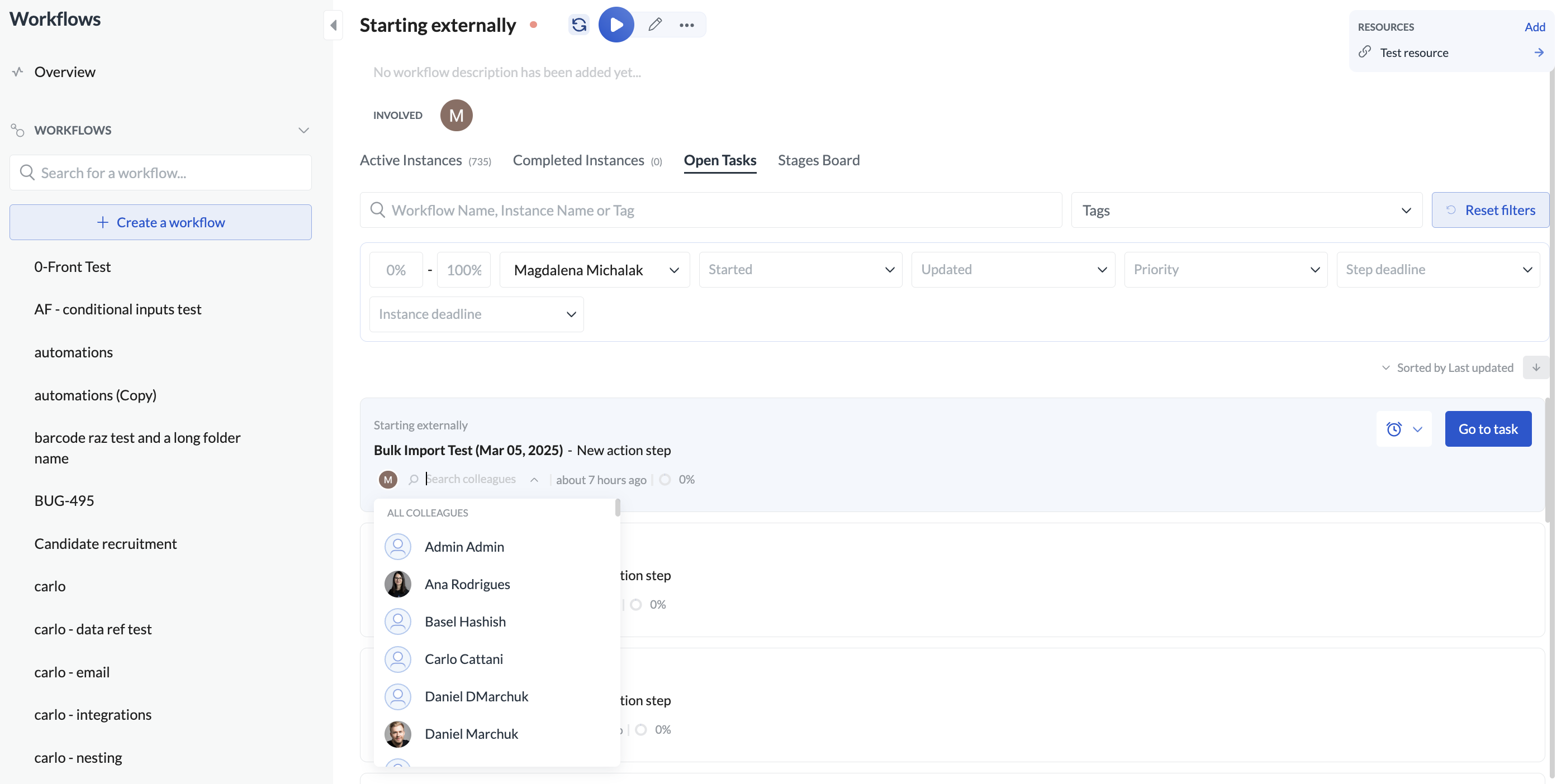 Image of the assignee dropdown in Open tasks in Next Matter