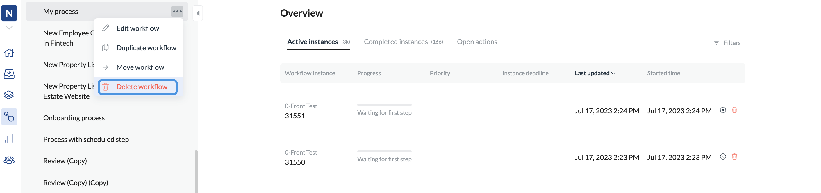 Image of the delete workflow option in the acctions menu