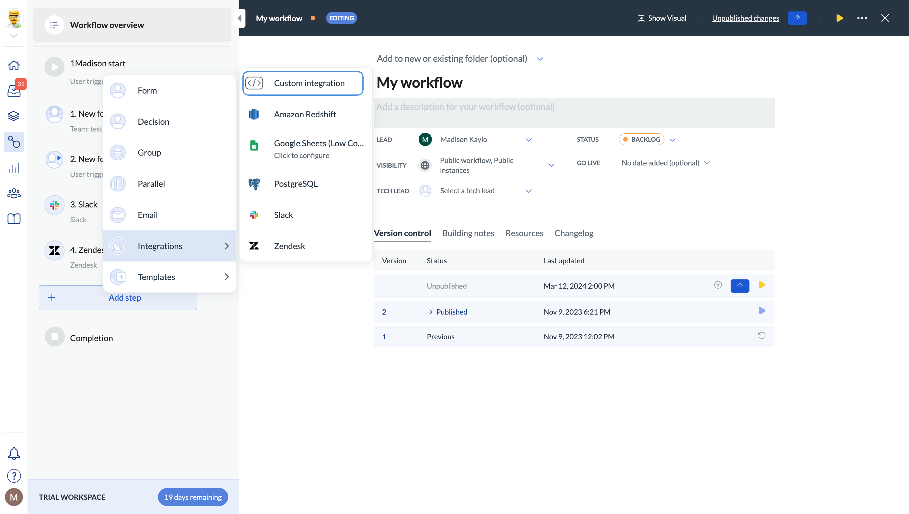Image showing Custom integrations option in the Integrations pop-up