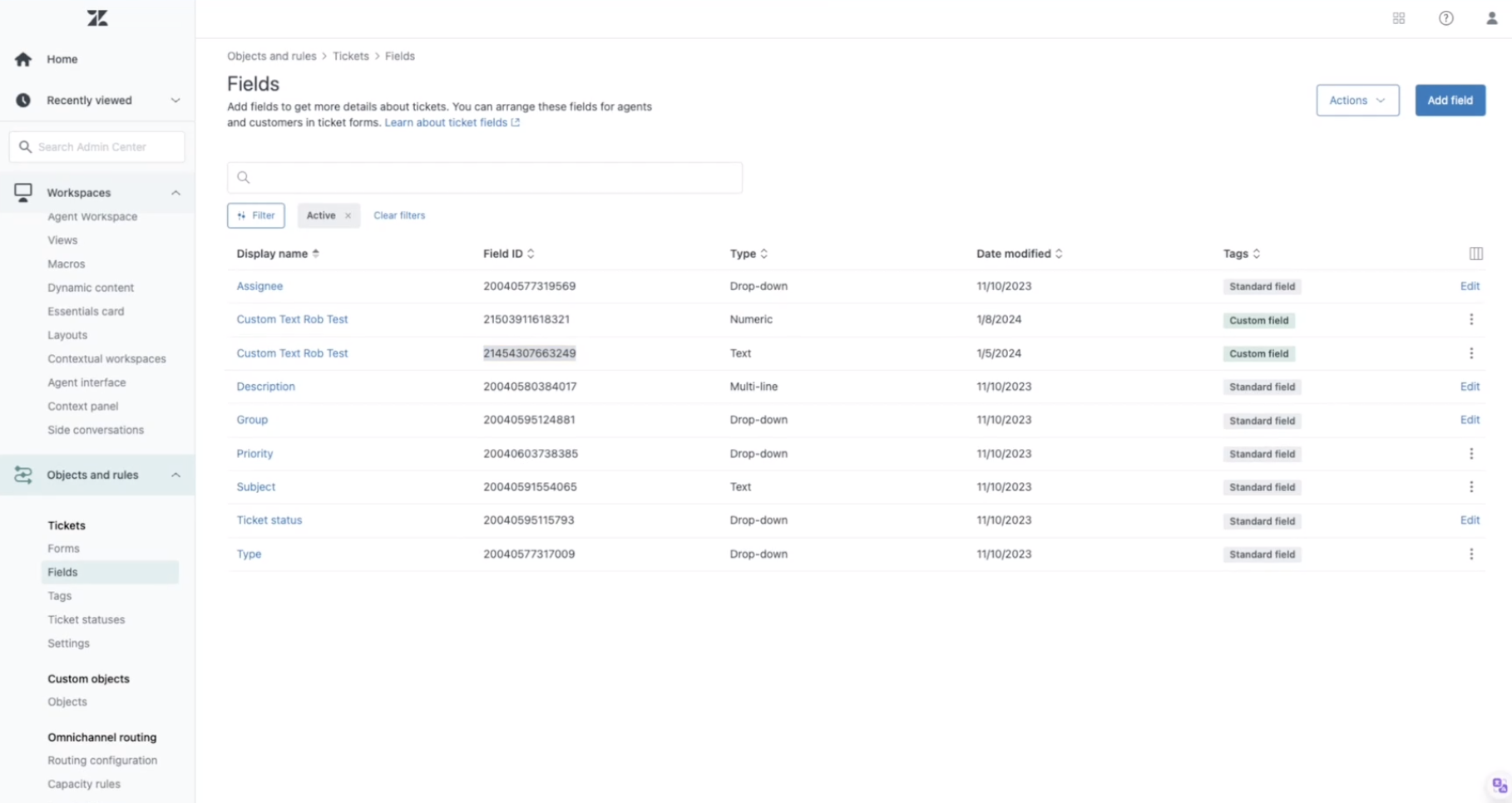 Image showing the Objects and Rules tab in Zendesk