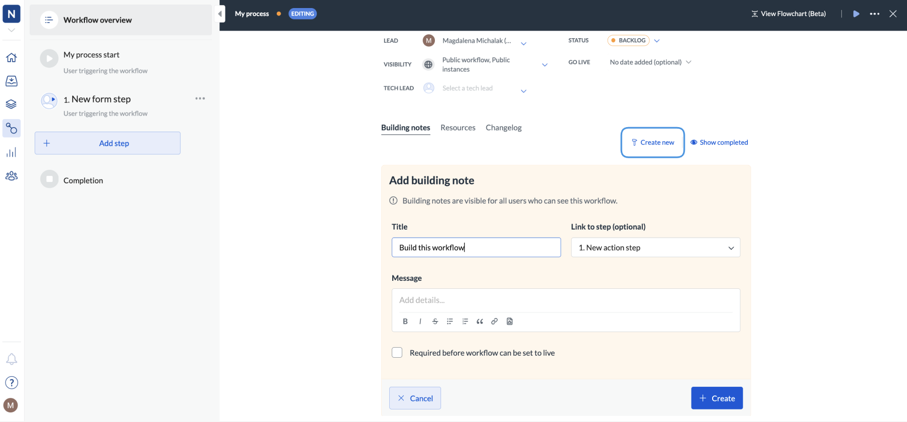 Image showing creating a new building note