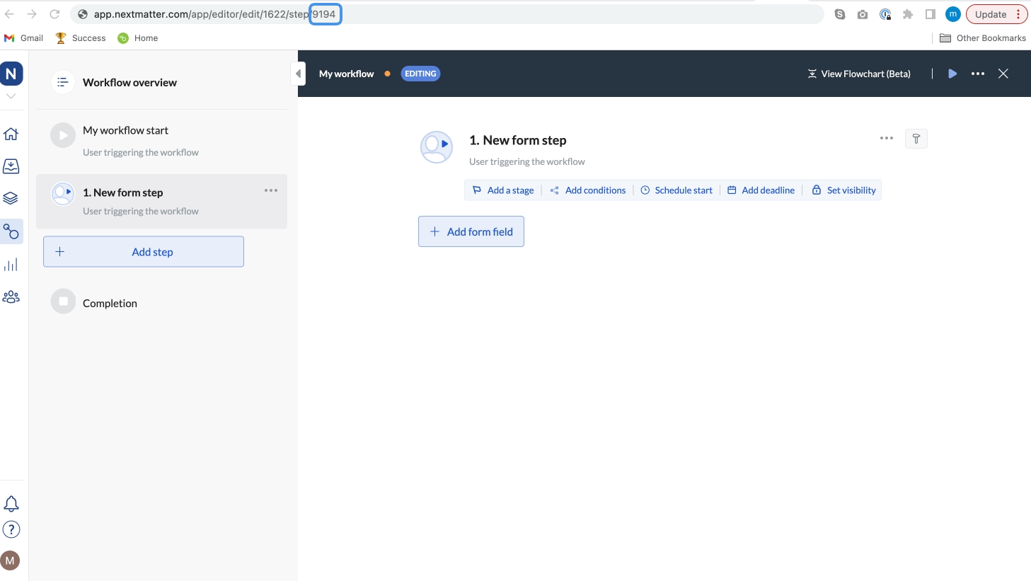 Image of the Next Matter URL with the step ID highlighted