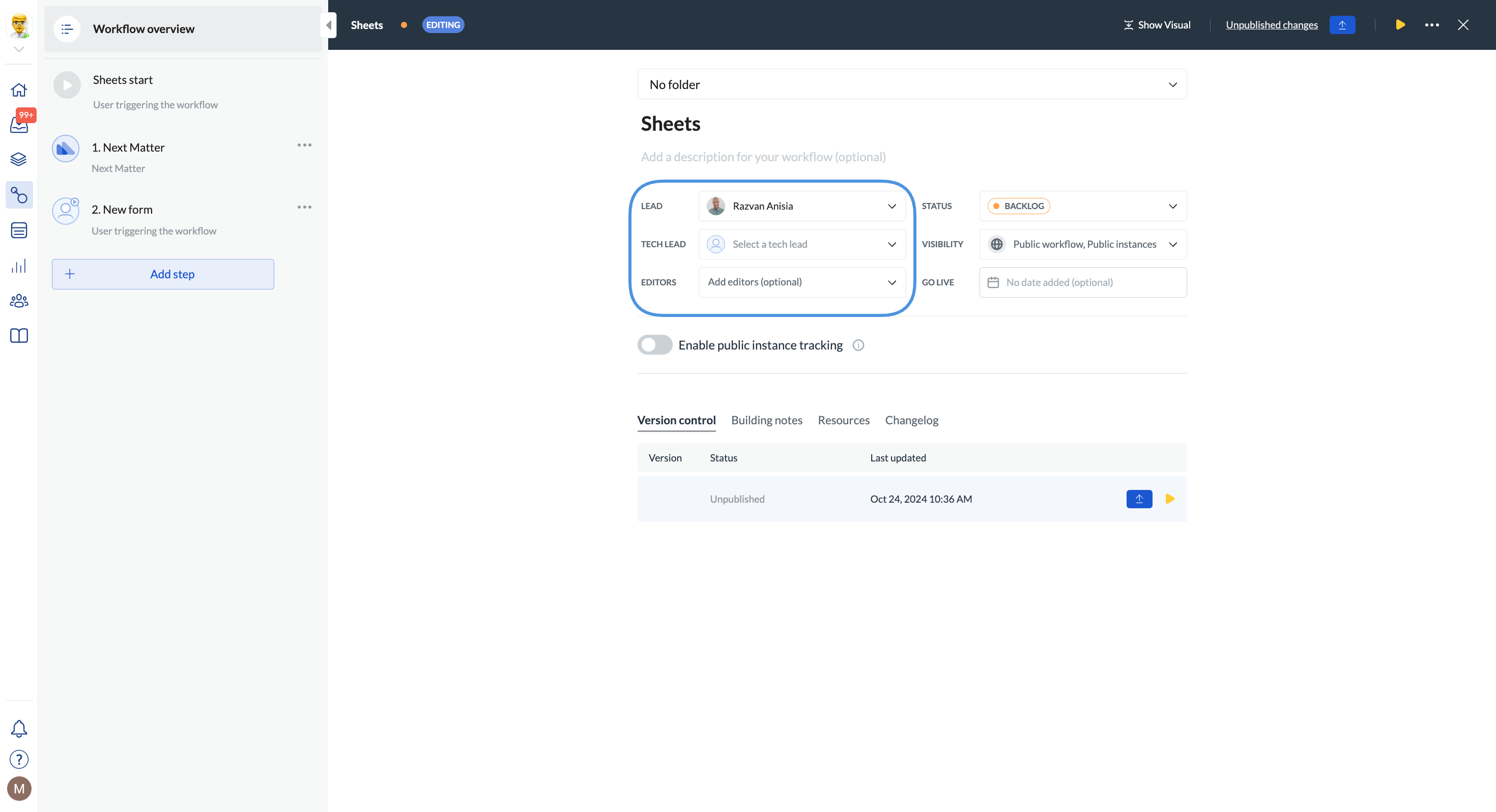 Image showing workflow details such as workflow owner