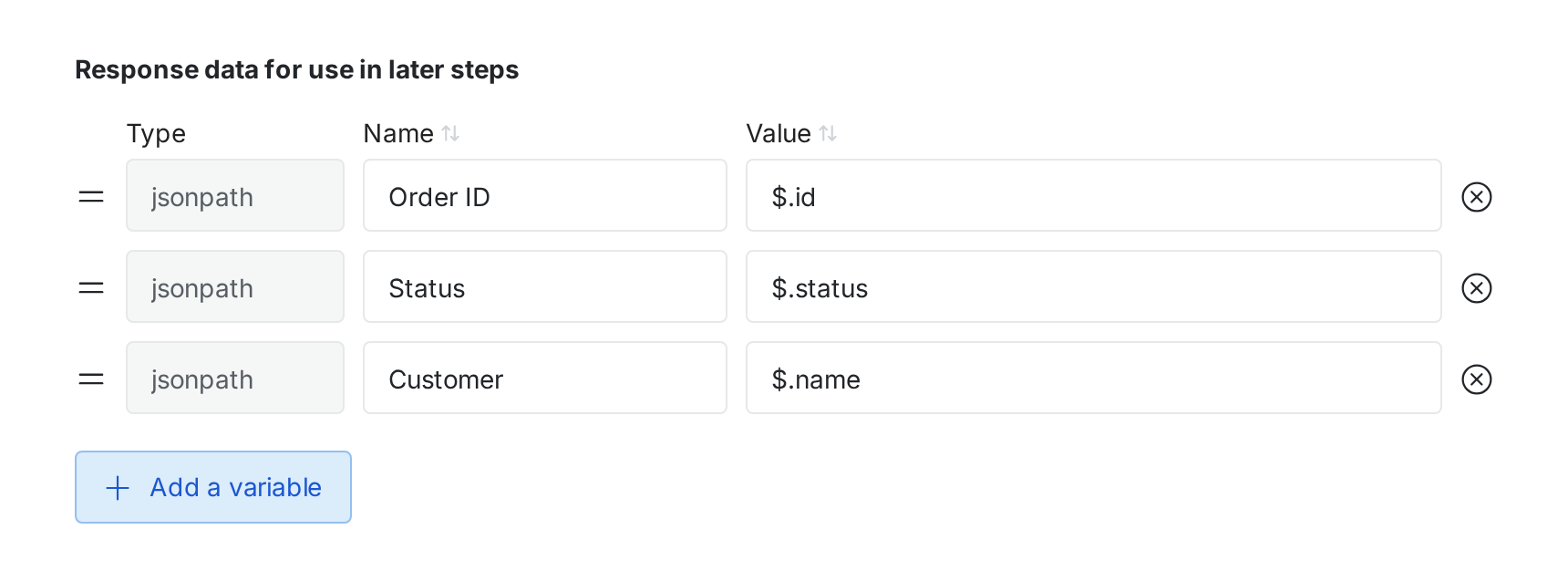 Image of the Response data for use in later steps list with drag handles next to Order ID, Status, and Customer