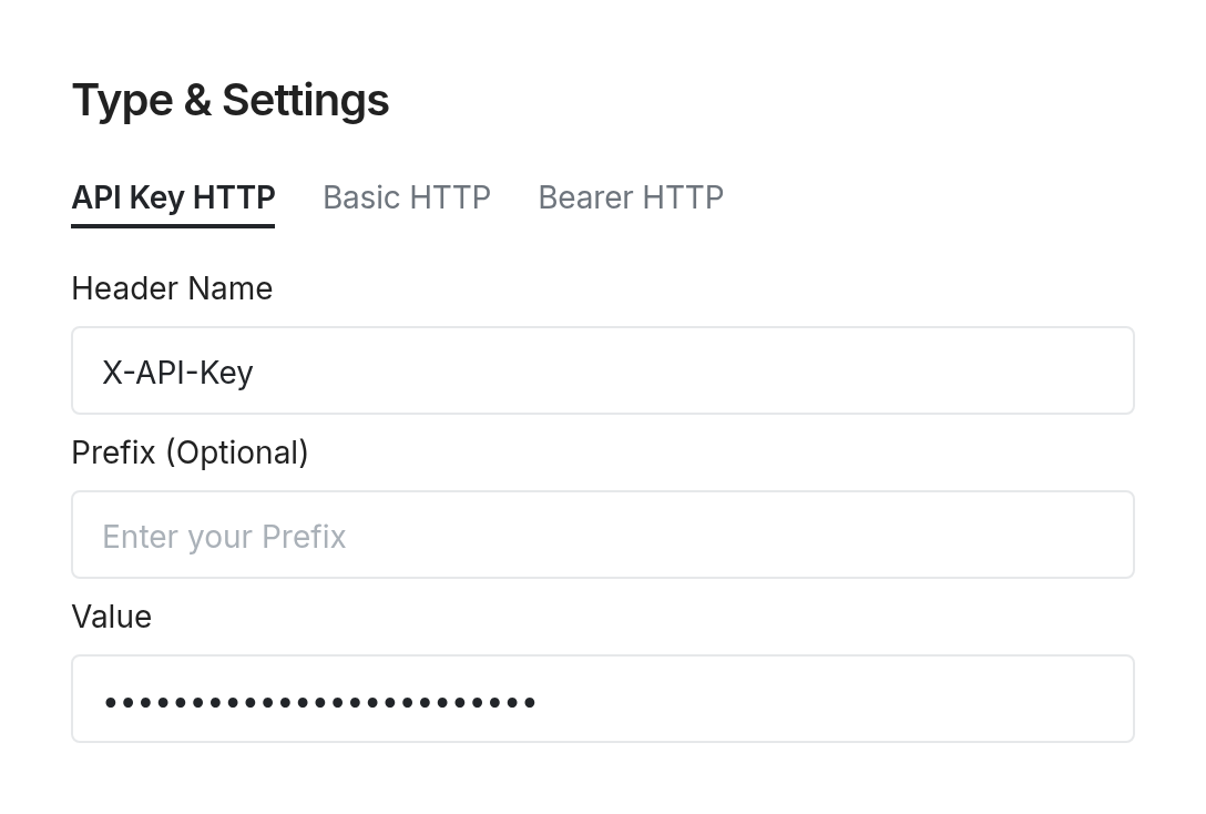 Image of the API Key HTTP credential settings with Header Name, Prefix, and Value